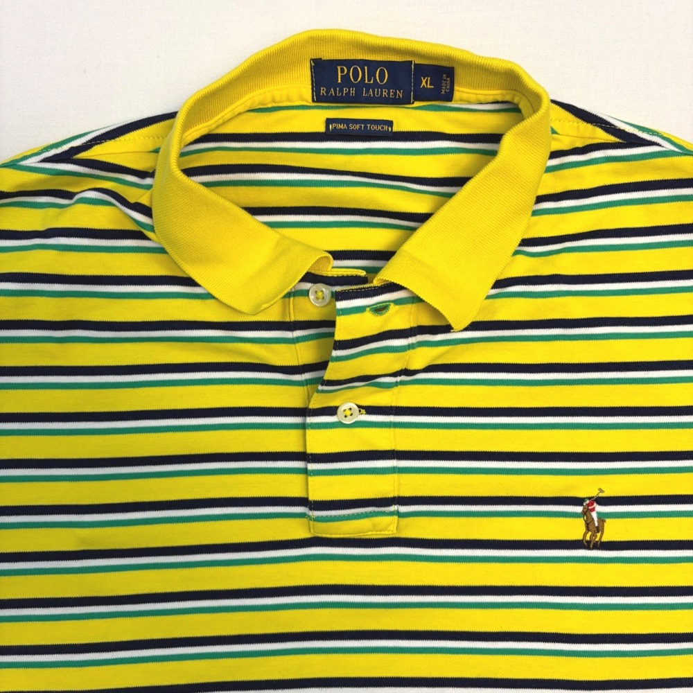Polo Ralph Lauren Mens XL Pima Soft Touch Striped Polo Shirt Yellow Green Navy